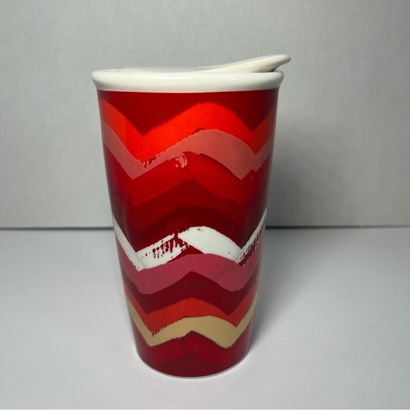 Starbucks Coffee Ceramic Travel Tumbler Mug Red Chevron Pattern 10 fl oz  2014 - Picture 2 of 9